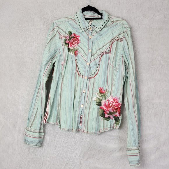 Johnny Was Tops - Johnny Was Green Striped Floral Embroidered Long Sleeve Button Down Shirt XL